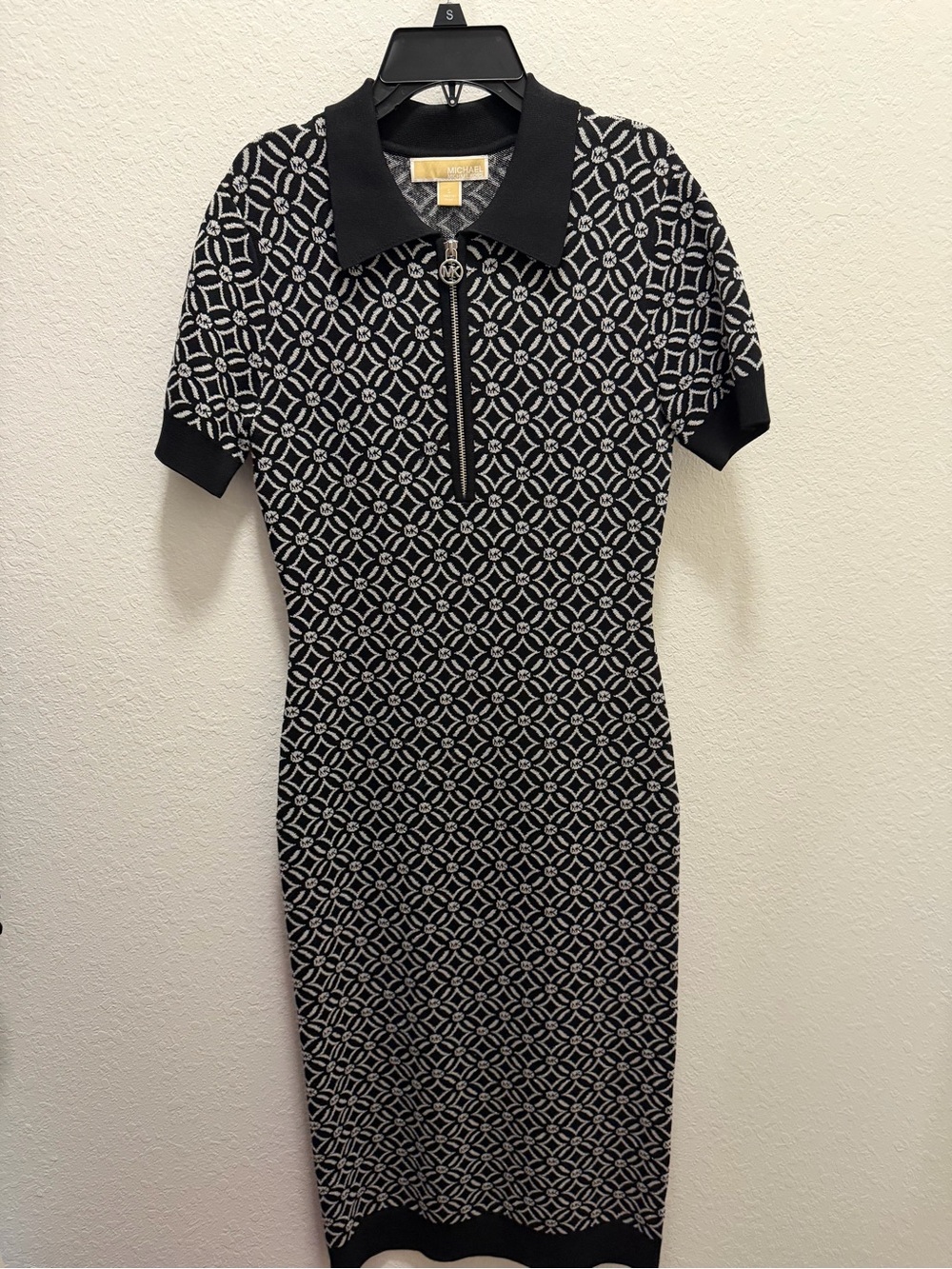 Michael Kors Black & White Geometric Knit Polo Midi Dress with Zip